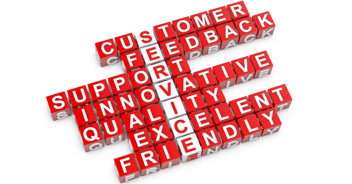 a red and white acrostic with the words customer service helps spell out other related terms