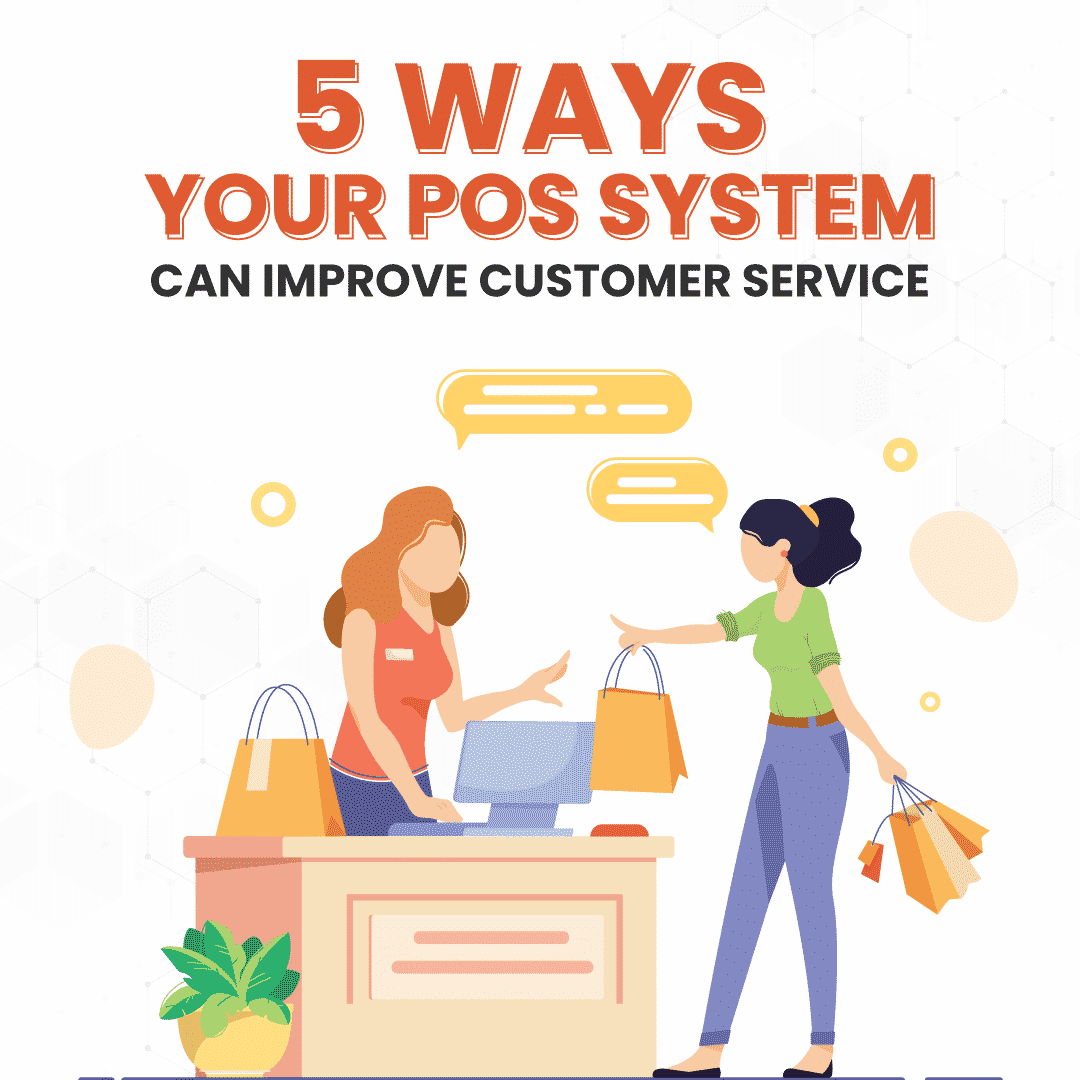 5 Ways Your POS System Can Improve Customer Service Carousel Cover with illustration of salesperson at the checkout counter helping out a customer