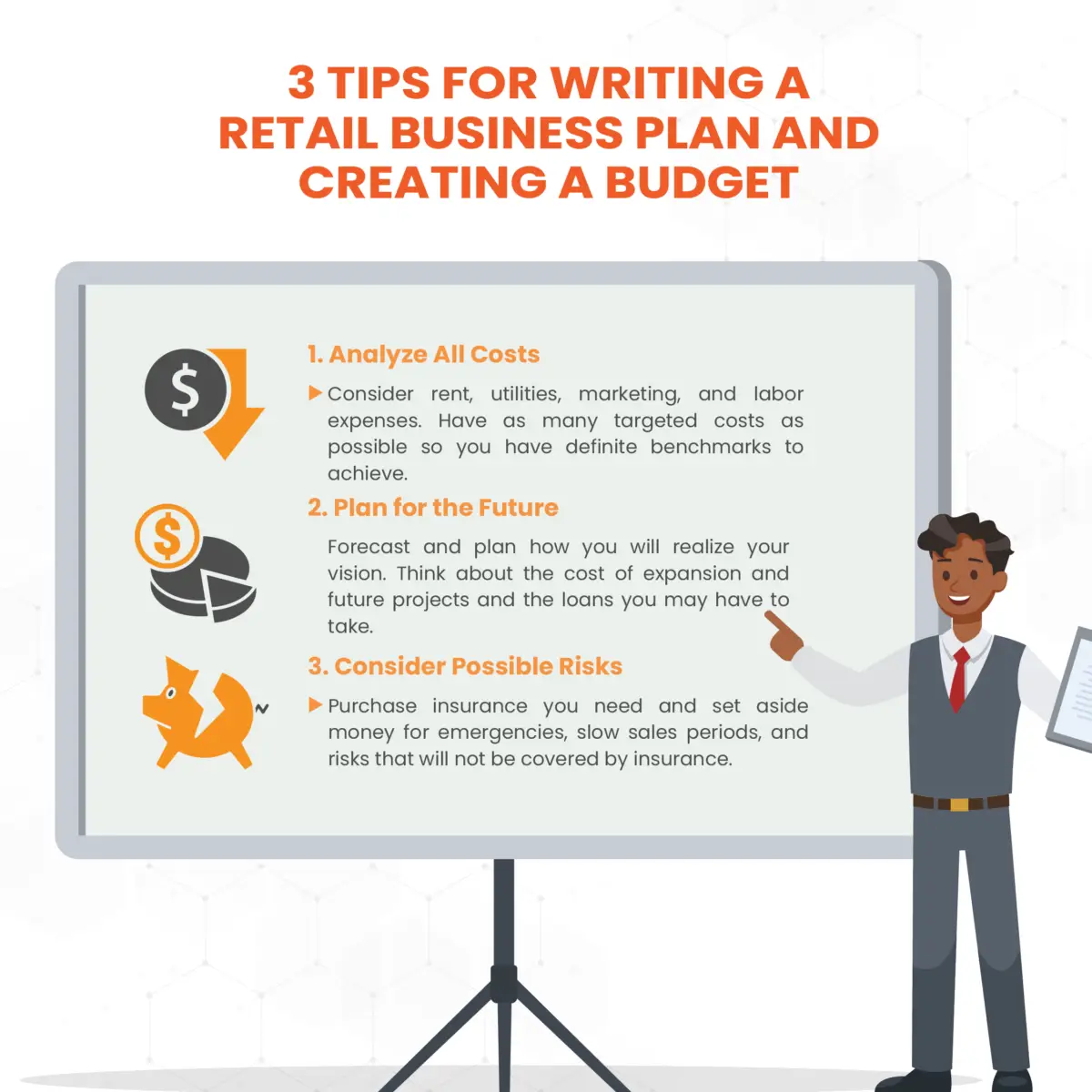 a graphic showing 3 tips for writing a retail business plan and creating a budget