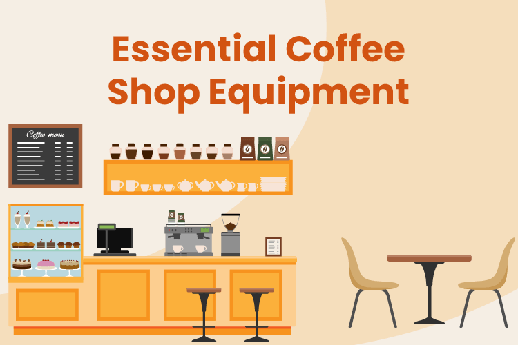 Coffee shop setting with cafe, espresso machine, menu, coffee shop equipment, and table and chairs