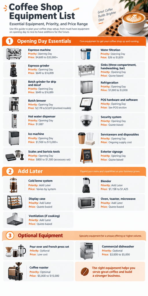 Infographic listing coffee shop equipment by priority and price range, from opening day essentials to optional extras.