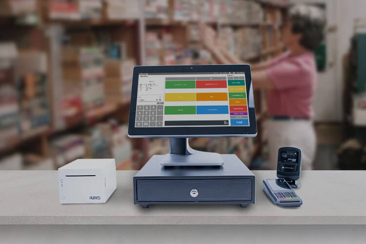 Point of sale desktop terminal on a counter in a book shop