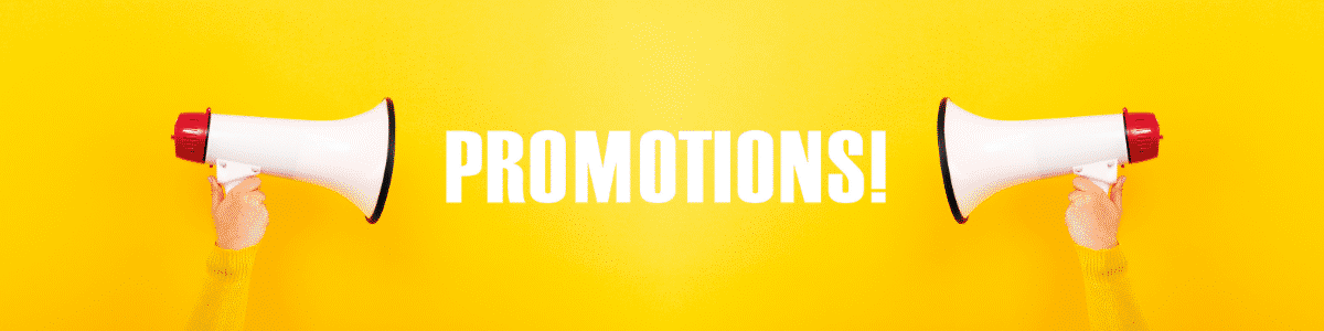 a yellow banner with two megaphones facing each other with the word 'PROMOTION!' in between