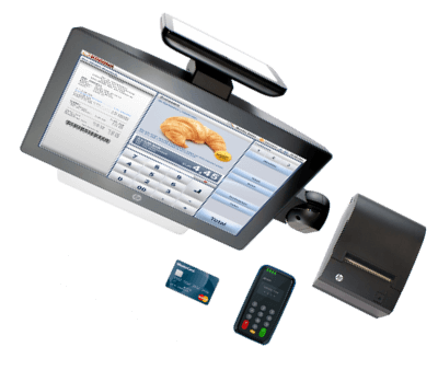 Bakery POS System Hardware for a bakery POS system with credit card machine and receipt printer