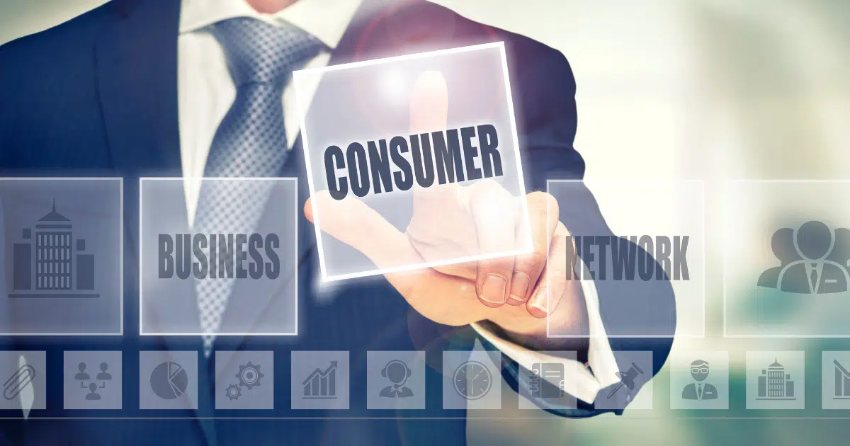 a stylized image of a business person selecting a box with the word 'consumer' from a group of other boxes