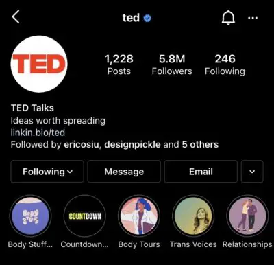 an example of TED talks instagram profile