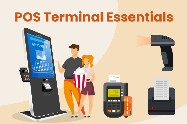 POS kiosk terminal with credit card machine, scanner and receipt printer