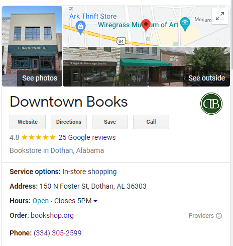 A screen capture showing the Google profile of Downtown Books in Dothan Alabama