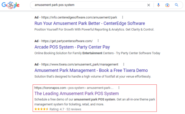 a screen capture showing google results for amusement park pos systems and korona pos star reviews