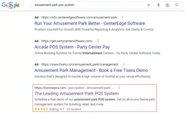 a screen capture of a  Google search for 'amusement park pos system' showing KORONA POS reviews