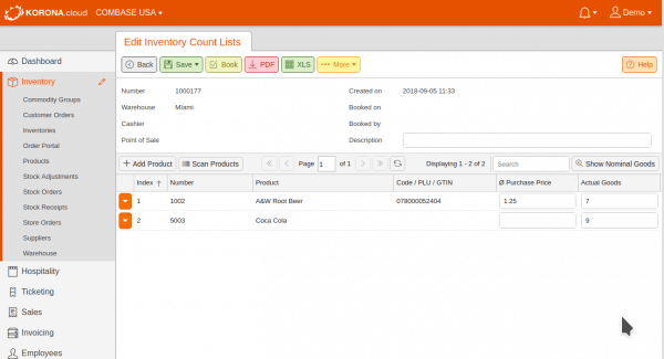 Screen showing KORONA inventory software
