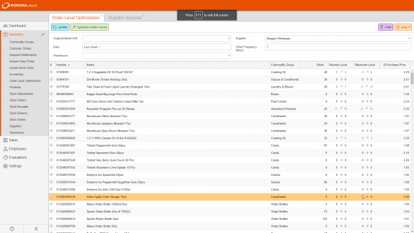 a screenshot from KORONA Studio inventory management for convenience stores