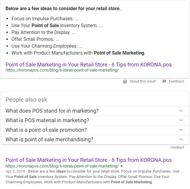 a screen capture from Google showing featured snippets