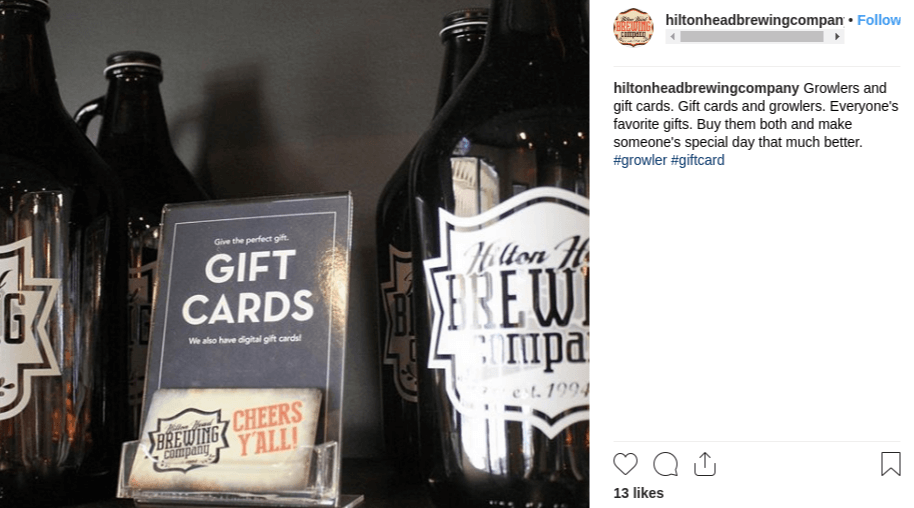a screen capture from Instagram showing Hilton Head Brewing Company gift cards