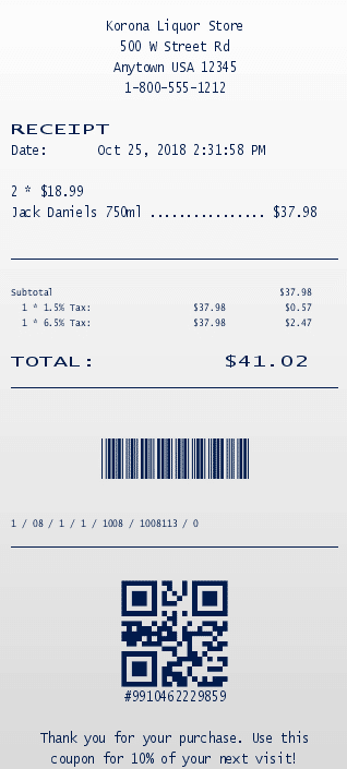 a receipt printed through KORONA POS showing the use of retail qr code marketing