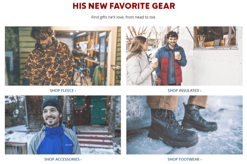 an example of a way to improve your online store with category suggestions showing a 'His New Favorite Gear' box with four different apparel offerings 