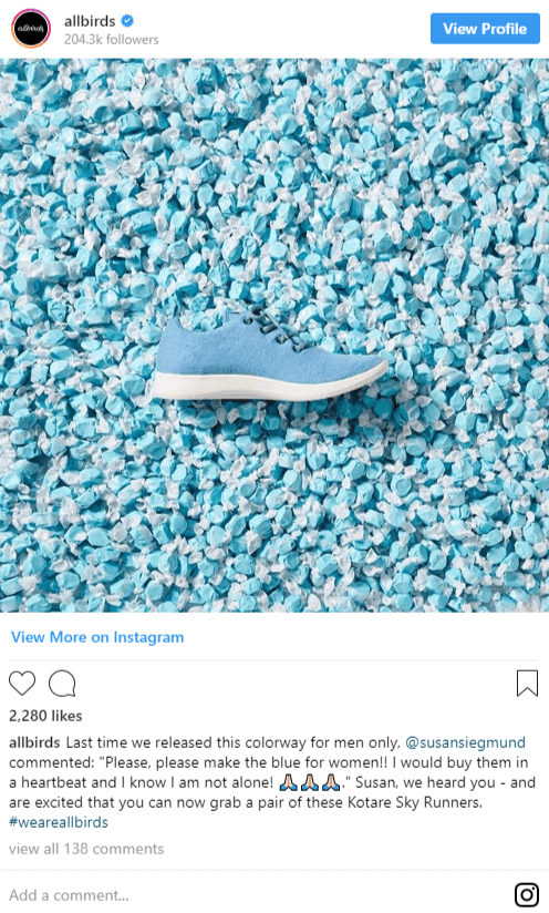 a screen capture from allbirds instagram showing how they responded to customers and improved their online store