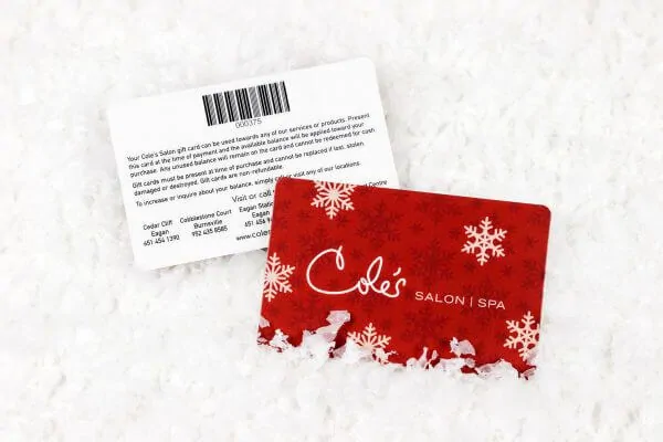 Cole's Salon and Spa gift cards with winter theme