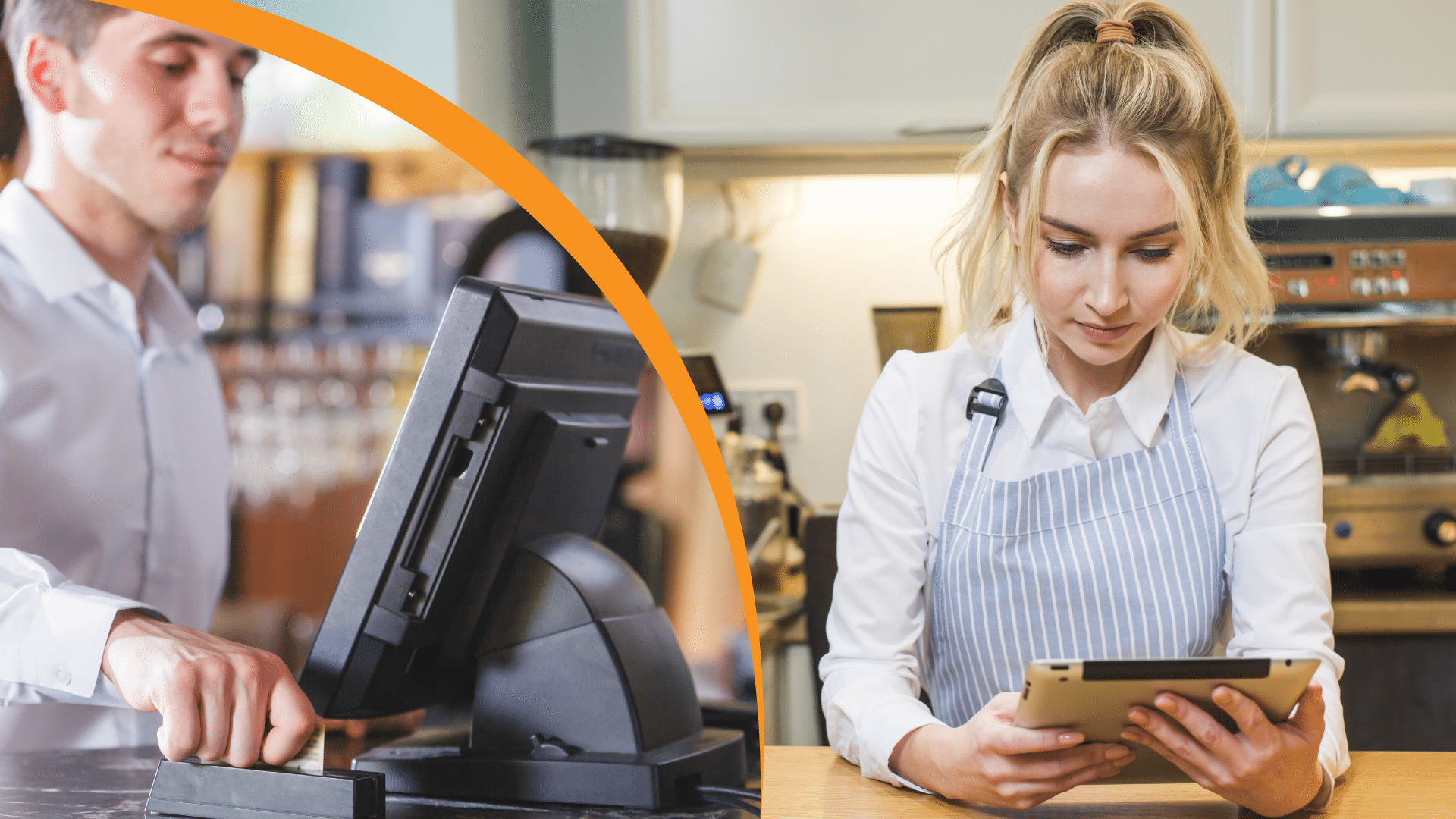 what is a pos system featured image showing two images, one a person using a desktop POS terminal and the other a person with an apron using a tablet