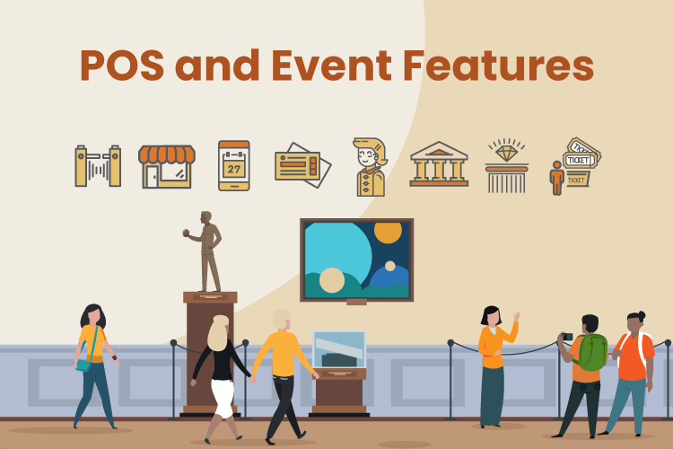 Image of a museum with various event management and POS icons