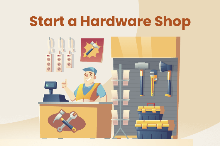 Illustration of a man behind the counter of a hardware store with an array of tools behind him