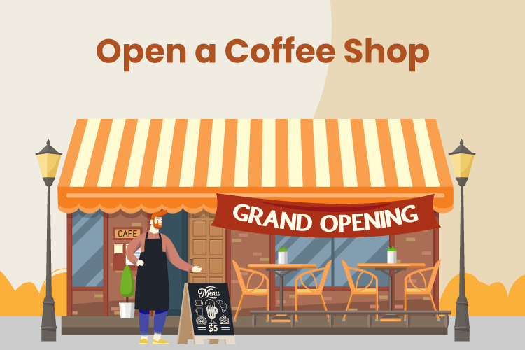 Illustration of a grand opening of a new coffee shop and cafe