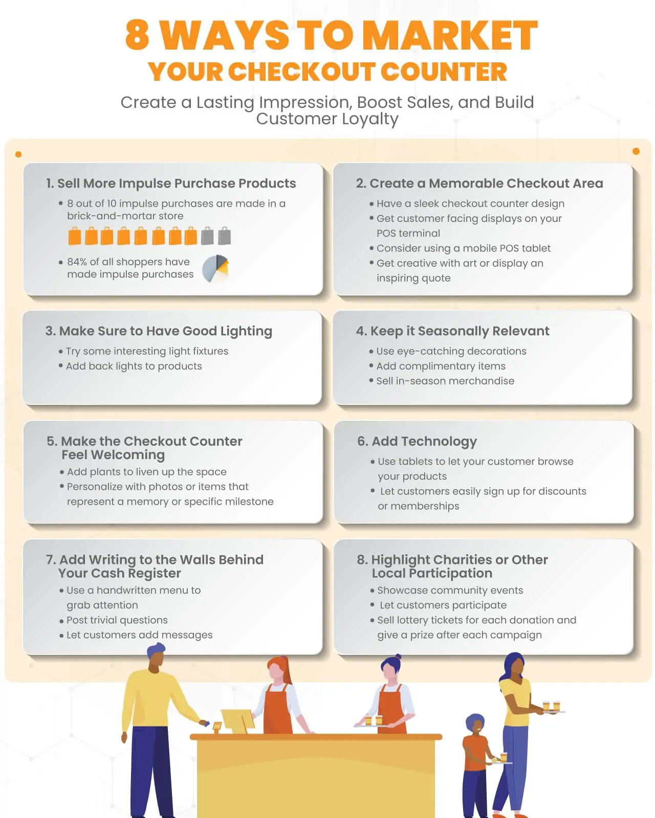 an infographic showing '8 ways to market your checkout counter' 