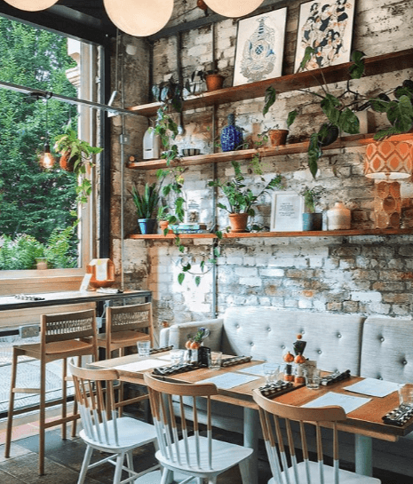 a coffee shop with plenty of plants for decoration