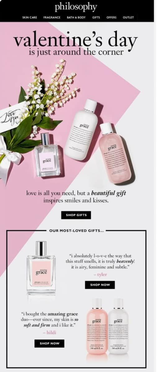 a screen capture from Philosophy skin care website showing Valentine's Day promotion ideas like perfumes and creams