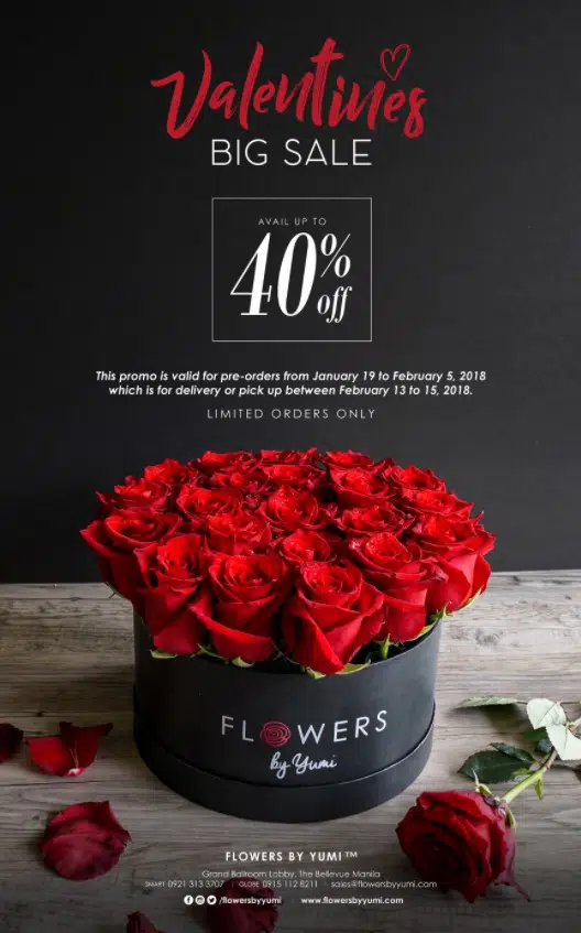 an example of a Valentine's Day promotion idea from Flowers by Yumi showing red roses in a black box with a 'Valentines Big Sale 40% off offer'
