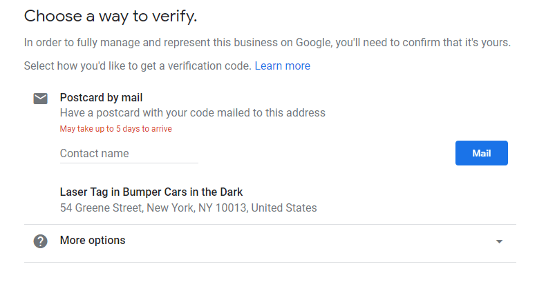 a screen capture from Google My Business showing how to 'choose a way to verify'