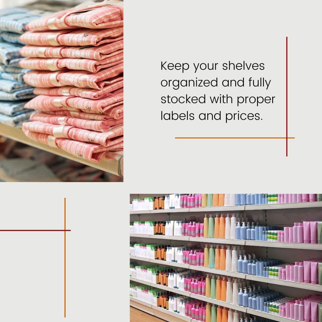 carousel graphic with two images of fully stocked and organized retail store shelves