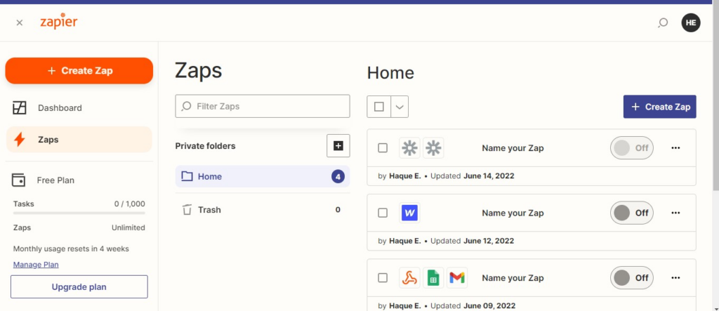 Zapier software screenshot