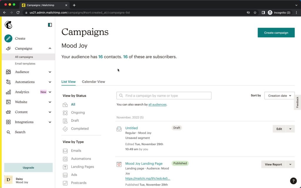 screenshot of mail chimp software