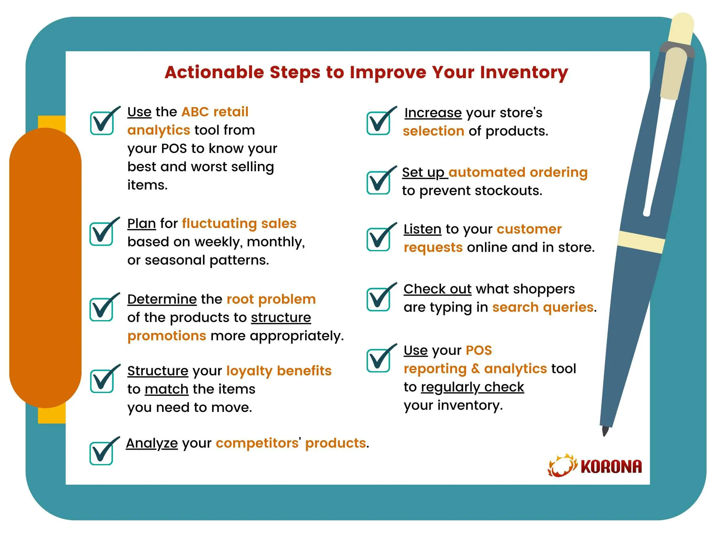 an infographic showing 'actionable steps to improve your inventory'
