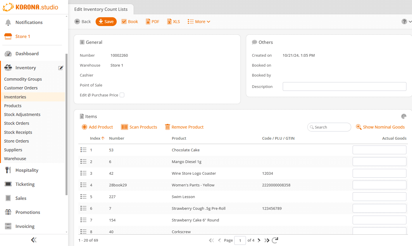 Image of inventory management in the KORONA POS back office software, KORONA Studio, for bookstores.