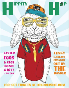 an add for an easter eggs and kegs brunch called 'hippity hop' with an animated rabbit wearing sunglasses and headphones