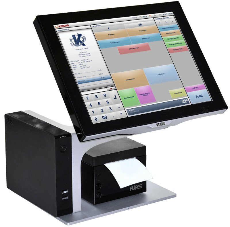POS desktop hardware with receipt printer and barcode scanner