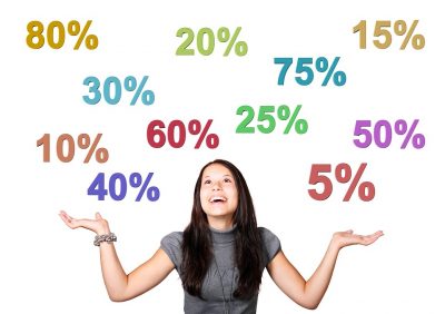 Woman with discounts and markdown percentages around her