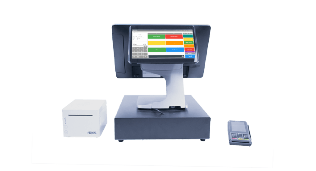 an example of a type of cash register with a desktop POS, credit card reader, and receipt printer