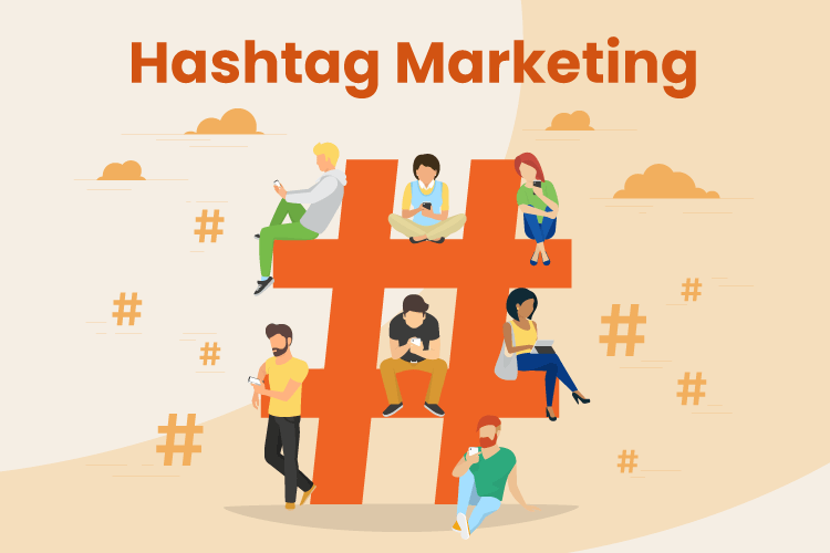 Illustration of a giant hashtag with people sitting on it