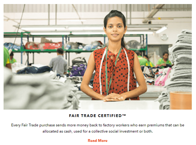 Fair trade certified. Every fair trade purchase sends more money back to factory workers who earn premiums that can be allocated as cash, used for collective social investment or both.