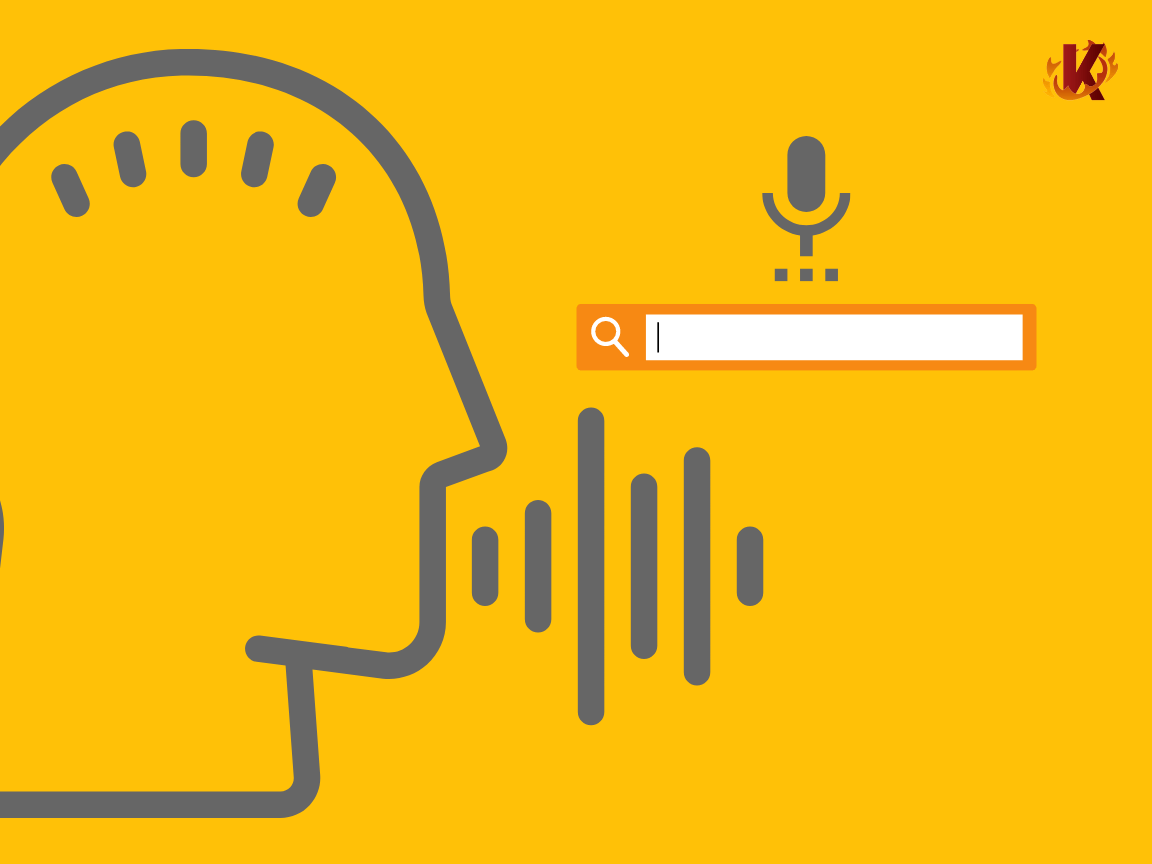 a KORONA POS branded graphic showing voice command search