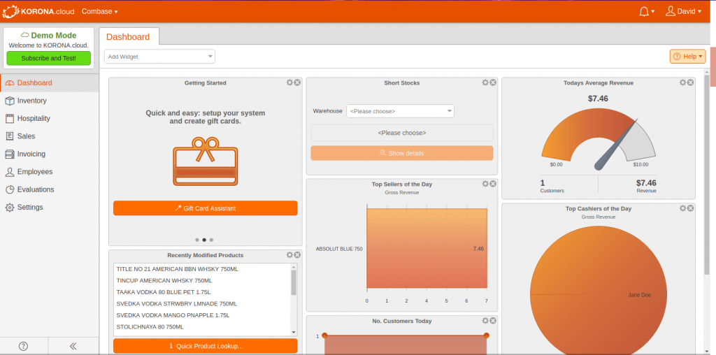 KORONA POS software dashboard page with customizable sales and product metrics