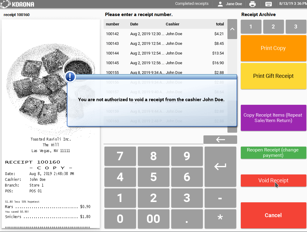 POS cashier screen with permission blocking an item void