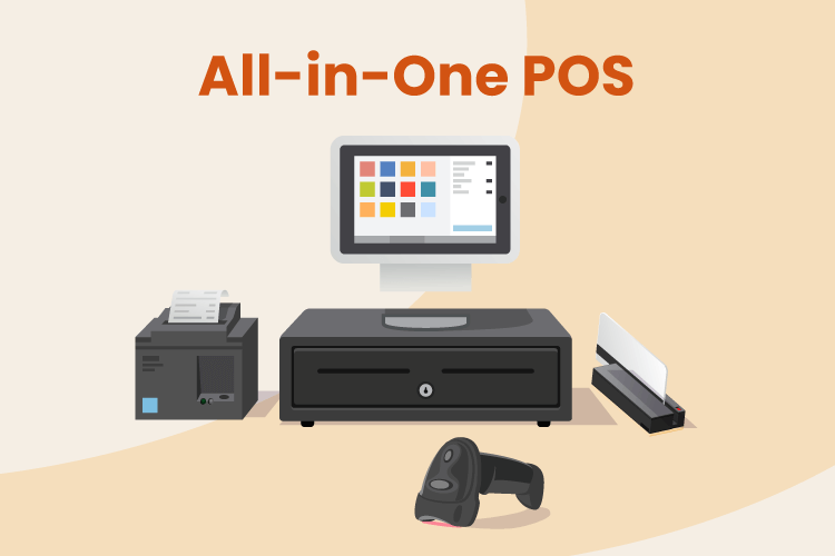 All-in-one POS system with desktop, receipt printer, cash drawer, scanner, and credit card machine