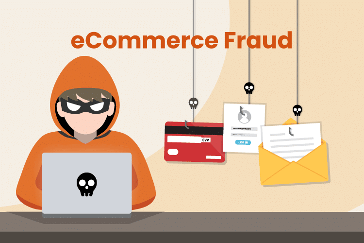 Illustration of a hacker wearing a mask and stealing credit card information through eCommerce fraud