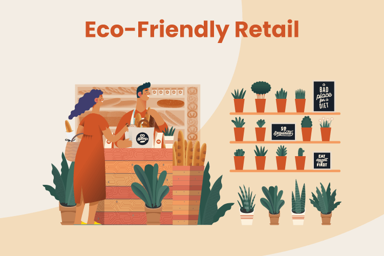 Illustration of an eco-friendly retail store with plants