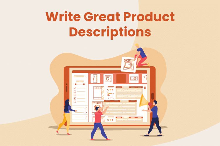Illustration of group of people writing product descriptions