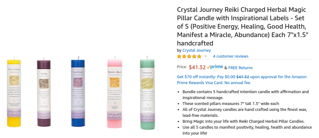 Product description of candles on Amazon